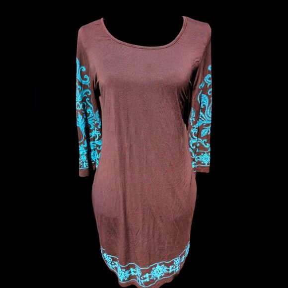 Yahada Dark Brown& Turquoise Embroidered Dress With Flutter Sleeves - Size XL - Picture 1 of 6
